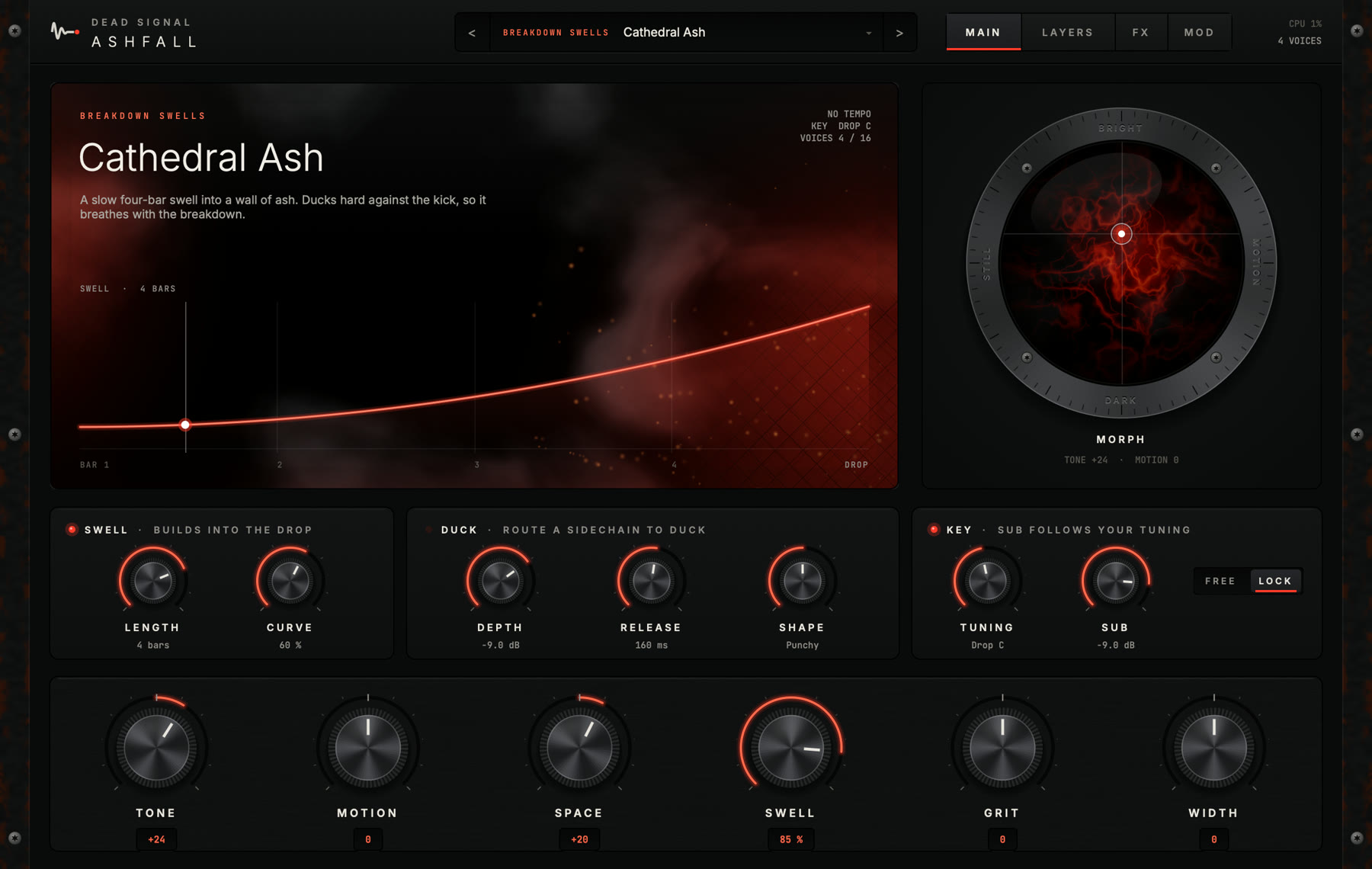 The Ashfall synth: a smoke-filled patch display with the swell curve, the Morph orb, and SWELL, DUCK and KEY modules