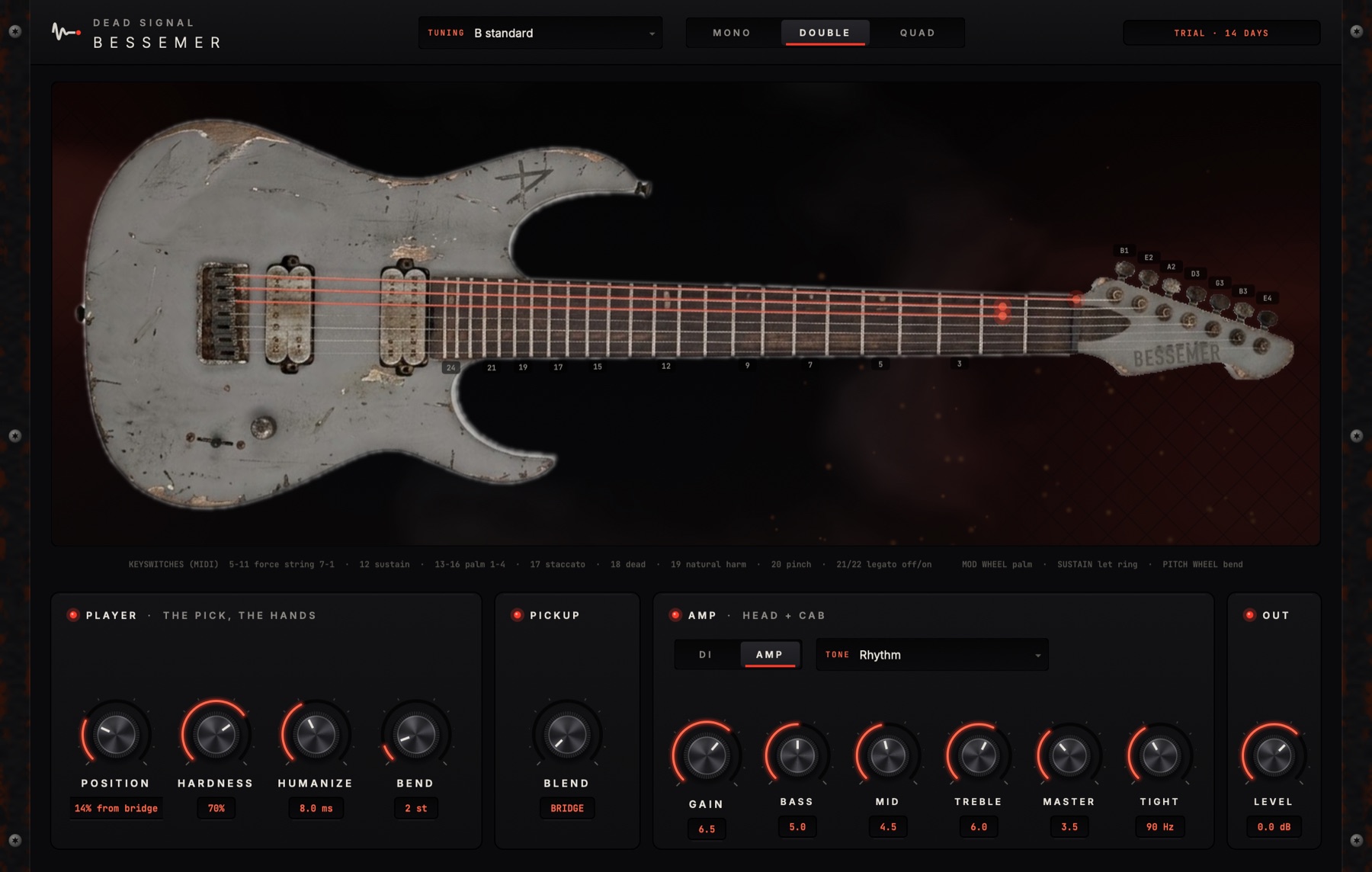 The Bessemer instrument: a distressed grey 7-string guitar with the notes lit on its fretboard, and player, pickup and amp controls below