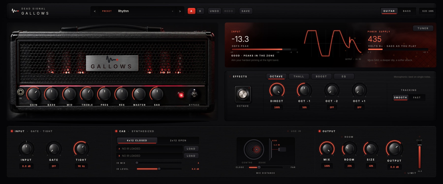 The Gallows amp simulator: a photographed amp head with eight knobs, a scope and power-supply screen, an effects unit, and the input, cab and output sections