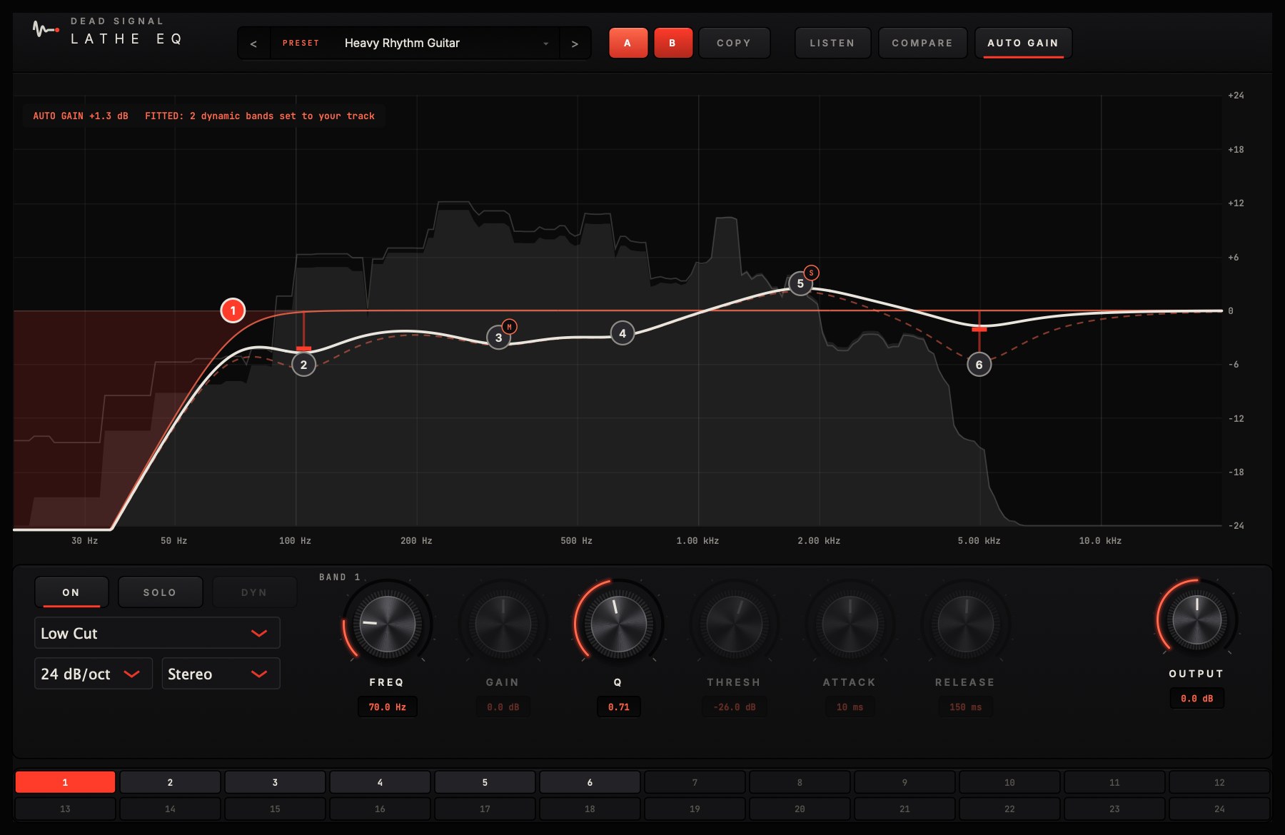 The Lathe EQ plugin: a live spectrum with the EQ curve on top, six bands set for a heavy rhythm guitar