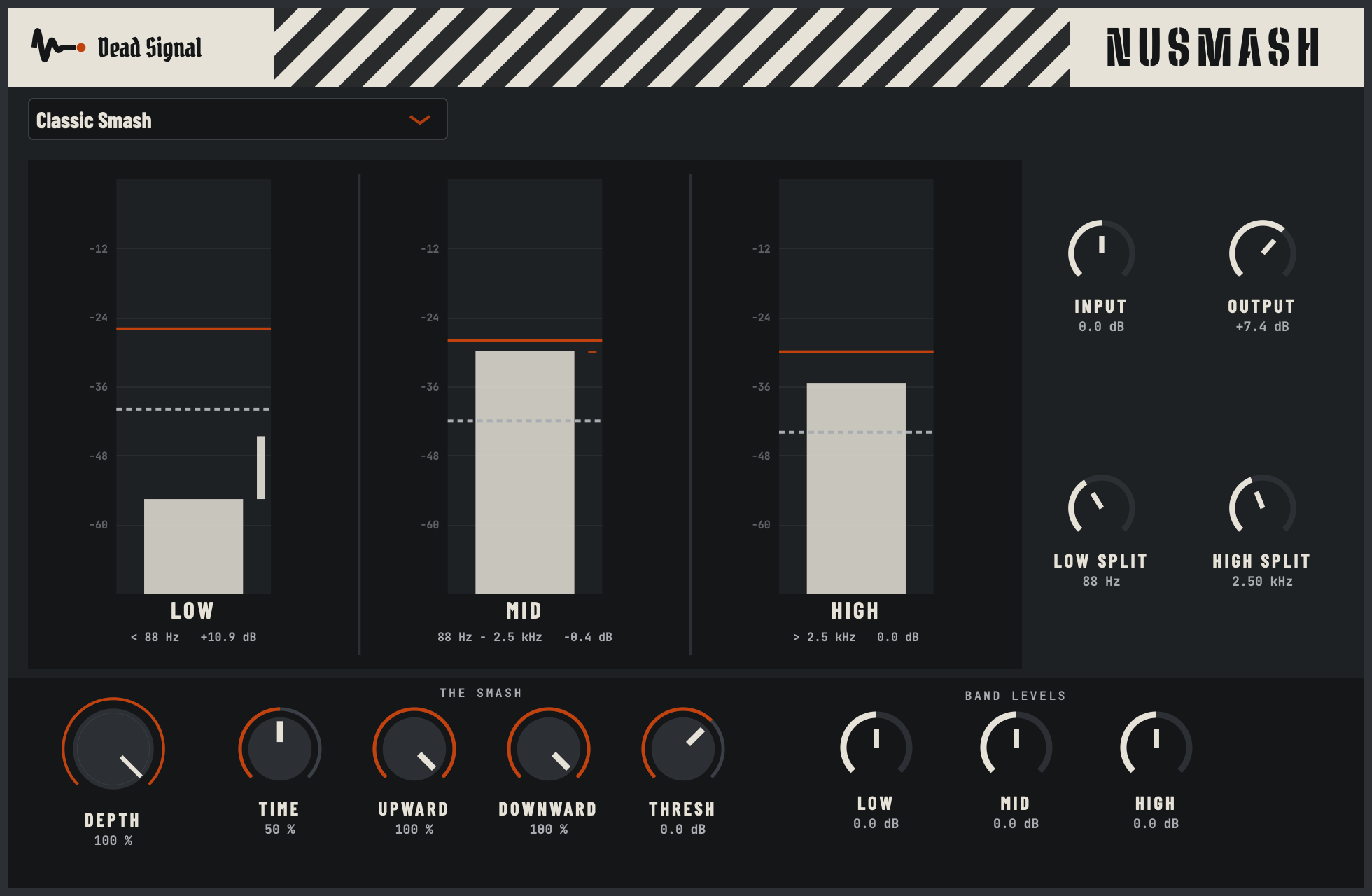 The NuSmash panel: three band meters, low, mid and high, each with the downward wall and the upward floor marked, and the smash controls below